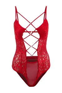 TRENDYOLMİLLA Red Lace Cross Piping Detailed Fitted Bodysuit .D.00005 - Image 3