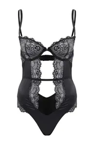 TRENDYOLMİLLA Black Satin Fitted Silver Color Detailed Cut Out Bodysuit .D.00007 - Image 3