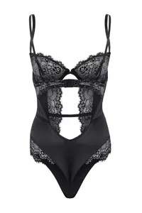 TRENDYOLMİLLA Black Satin Fitted Silver Color Detailed Cut Out Bodysuit .D.00007 - Image 4