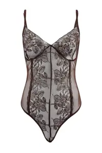 TRENDYOLMİLLA Brown Tulle/Lace Fitted Wireless Lingerie Bodysuit .D.00014