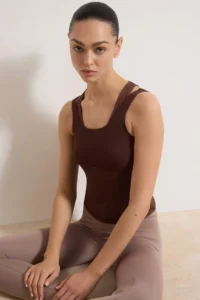 TRENDYOLMİLLA Dark Brown Scuba Material Tulle Detailed Knitting Sports Top/Blouse
