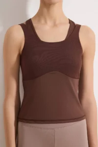 TRENDYOLMİLLA Dark Brown Scuba Material Tulle Detailed Knitting Sports Top/Blouse - Image 3