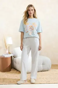 TRENDYOLMİLLA Mavi 100% Cotton Striped and Fun Patterned Knitting Pajama Set