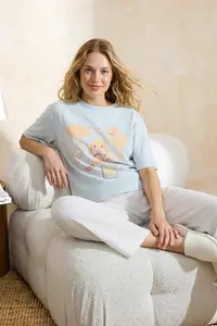 TRENDYOLMİLLA Mavi 100% Cotton Striped and Fun Patterned Knitting Pajama Set - Image 2