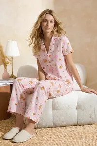 TRENDYOLMİLLA Pink-Multicolored 100% Cotton Fun Patterned Knitting Pajama Set - Image 2