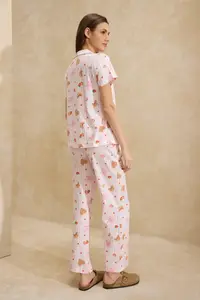 TRENDYOLMİLLA Pink-Multicolored 100% Cotton Fun Patterned Knitting Pajama Set - Image 4
