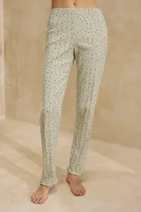 TRENDYOLMİLLA Green 100% Cotton Floral Ribbon/with bow Ribbed/Pointel Knitting Pajama Set - Image 3