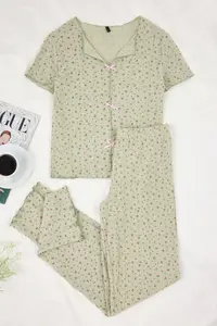 TRENDYOLMİLLA Green 100% Cotton Floral Ribbon/with bow Ribbed/Pointel Knitting Pajama Set - Image 5