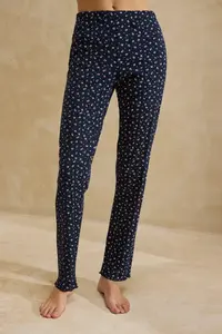 TRENDYOLMİLLA Navy Blue 100% Cotton Floral Ribbon/with bow Ribbed/Pointel Knitting Pajama Set - Image 4