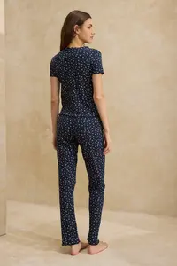 TRENDYOLMİLLA Navy Blue 100% Cotton Floral Ribbon/with bow Ribbed/Pointel Knitting Pajama Set - Image 5
