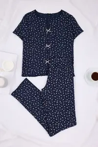 TRENDYOLMİLLA Navy Blue 100% Cotton Floral Ribbon/with bow Ribbed/Pointel Knitting Pajama Set - Image 6