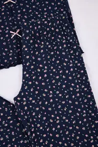 TRENDYOLMİLLA Navy Blue 100% Cotton Floral Ribbon/with bow Ribbed/Pointel Knitting Pajama Set - Image 7