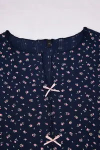 TRENDYOLMİLLA Navy Blue 100% Cotton Floral Ribbon/with bow Ribbed/Pointel Knitting Pajama Set - Image 8