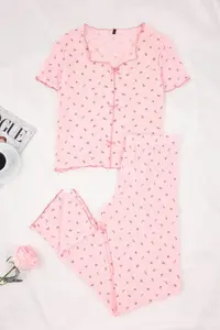 TRENDYOLMİLLA Pink 100% Cotton Floral Ribbon/with bow Ribbed/Pointel Knitting Pajama Set - Image 5