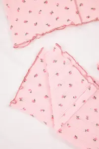 TRENDYOLMİLLA Pink 100% Cotton Floral Ribbon/with bow Ribbed/Pointel Knitting Pajama Set - Image 6