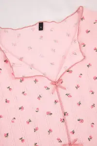 TRENDYOLMİLLA Pink 100% Cotton Floral Ribbon/with bow Ribbed/Pointel Knitting Pajama Set - Image 7