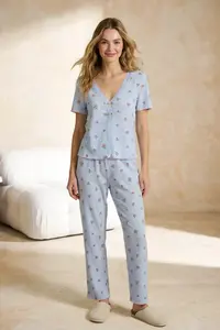 TRENDYOLMİLLA Mavi Floral Lace Detailed Crepe textured Knitting Pajama Set - Image 2