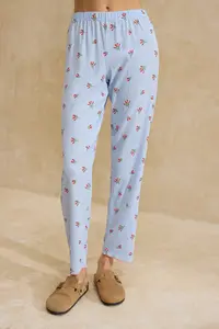 TRENDYOLMİLLA Mavi Floral Lace Detailed Crepe textured Knitting Pajama Set - Image 3