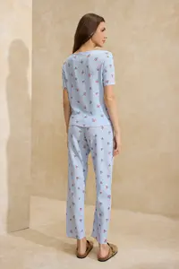 TRENDYOLMİLLA Mavi Floral Lace Detailed Crepe textured Knitting Pajama Set - Image 4