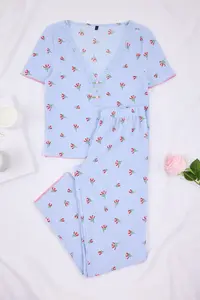 TRENDYOLMİLLA Mavi Floral Lace Detailed Crepe textured Knitting Pajama Set - Image 5