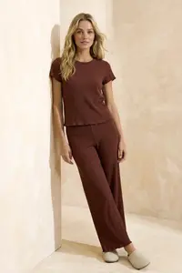 TRENDYOLMİLLA Brown 100% Cotton Baby Overloklu Ribbed/Pointel Knitting Pajama Set - Image 2