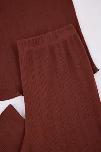TRENDYOLMİLLA Brown 100% Cotton Baby Overloklu Ribbed/Pointel Knitting Pajama Set - Image 6