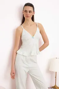 TRENDYOLMİLLA MINT 100% Cotton Striped and Ribbon Frilly Knitting Pajama Set