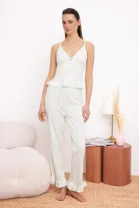 TRENDYOLMİLLA MINT 100% Cotton Striped and Ribbon Frilly Knitting Pajama Set - Image 2