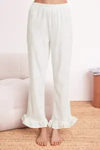 TRENDYOLMİLLA MINT 100% Cotton Striped and Ribbon Frilly Knitting Pajama Set - Image 3
