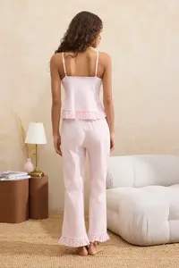 TRENDYOLMİLLA Pink 100% Cotton Striped and Ribbon Frilly Knitting Pajama Set - Image 4
