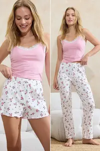 TRENDYOLMİLLA Pink-White 3 Sets Cotton Floral Lace Detailed Bottom Camisole Knitting Pajama Set