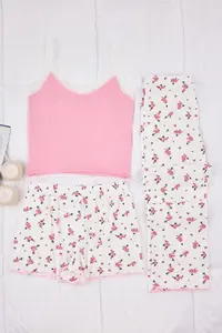 TRENDYOLMİLLA Pink-White 3 Sets Cotton Floral Lace Detailed Bottom Camisole Knitting Pajama Set - Image 7