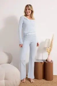 TRENDYOLMİLLA Light Blue 100% Cotton Lace Detailed Ribbed/Pointel Knitting Pajama Set