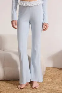 TRENDYOLMİLLA Light Blue 100% Cotton Lace Detailed Ribbed/Pointel Knitting Pajama Set - Image 3