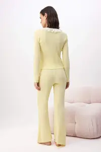 TRENDYOLMİLLA Yellow 100% Cotton Lace Detailed Ribbed/Pointel Knitting Pajama Set - Image 4
