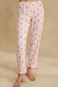 TRENDYOLMİLLA Pink Floral Ruffle and Baby Overlocked Crepe textured Knitting Pajama Set - Image 3