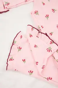 TRENDYOLMİLLA Pink Floral Ruffle and Baby Overlocked Crepe textured Knitting Pajama Set - Image 6