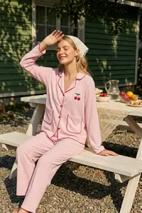 TRENDYOLMİLLA Pink Cherry Embroidered with pocket Baby Overloklu Crepe textured Knitting Pajama Set