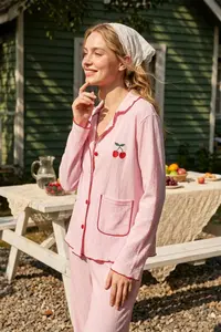 TRENDYOLMİLLA Pink Cherry Embroidered with pocket Baby Overloklu Crepe textured Knitting Pajama Set - Image 2
