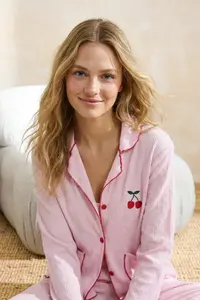 TRENDYOLMİLLA Pink Cherry Embroidered with pocket Baby Overloklu Crepe textured Knitting Pajama Set - Image 3