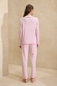 TRENDYOLMİLLA Pink Cherry Embroidered with pocket Baby Overloklu Crepe textured Knitting Pajama Set - Image 7