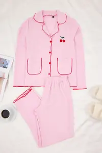 TRENDYOLMİLLA Pink Cherry Embroidered with pocket Baby Overloklu Crepe textured Knitting Pajama Set - Image 8
