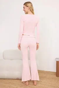 TRENDYOLMİLLA Light Pink Waist Detailed Cardigan Ribbed/Pointel Knitting Pajama Set - Image 4