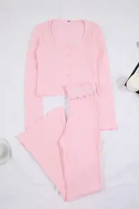 TRENDYOLMİLLA Light Pink Waist Detailed Cardigan Ribbed/Pointel Knitting Pajama Set - Image 5