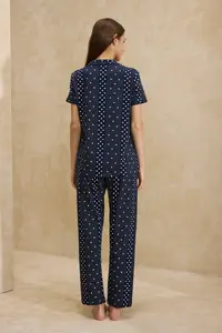 TRENDYOLMİLLA Navy Blue Cotton Lycra Polka Dot Knitting Pajama Set - Image 5