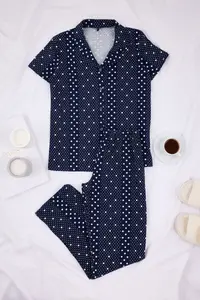 TRENDYOLMİLLA Navy Blue Cotton Lycra Polka Dot Knitting Pajama Set - Image 6