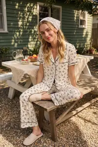 TRENDYOLMİLLA White 100% Cotton Ribbon Patterned Piped Knitting Pajama Set - Image 3