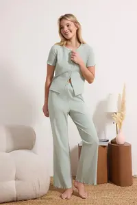 TRENDYOLMİLLA MINT 100% Cotton Baby Overlocked Ribbed Cardigan Knitting Pajama Set - Image 2