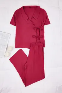TRENDYOLMİLLA Burgundy Double breasted Yaka Binding Detailed Viscose Weaving Pajama Set - Image 5