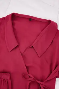 TRENDYOLMİLLA Burgundy Double breasted Yaka Binding Detailed Viscose Weaving Pajama Set - Image 7
